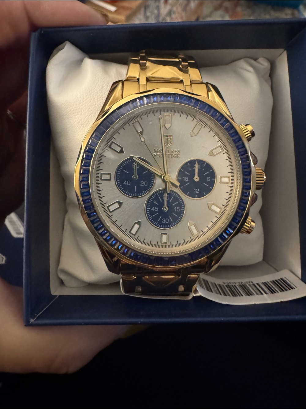 GORGEOUS NWT MONTES PRESTIGE MENS GOLD SPARKLING BLUE CRYSTAL CHRONOGRAPH WATCH
